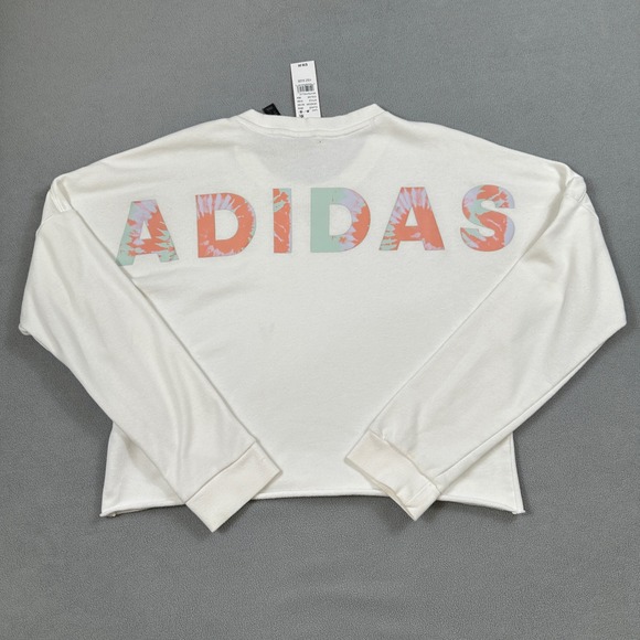 NWT Adidas Cropped Sweatshirt Womens S Crew Neck Logo Orange Purple Sweater - Picture 2 of 10